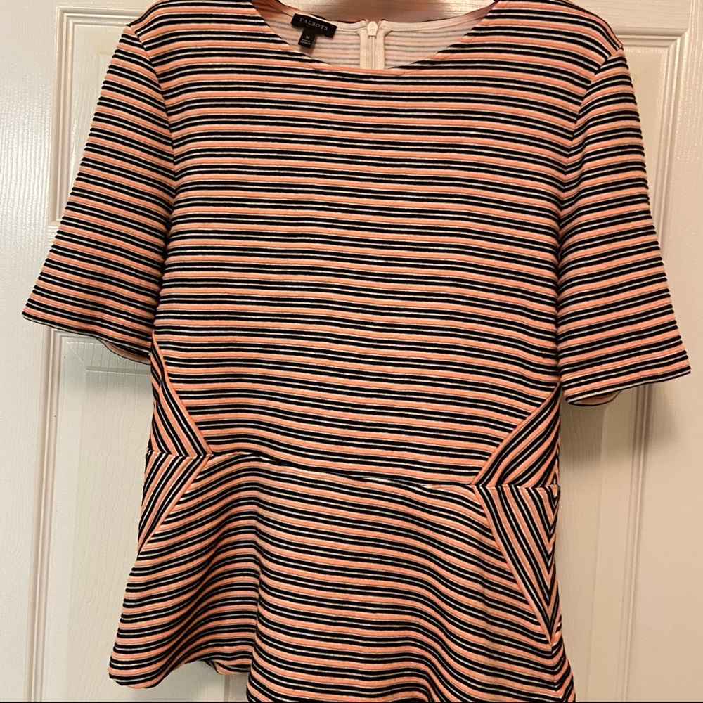 Talbots Striped Blouse. Peach/Black/White. Medium.